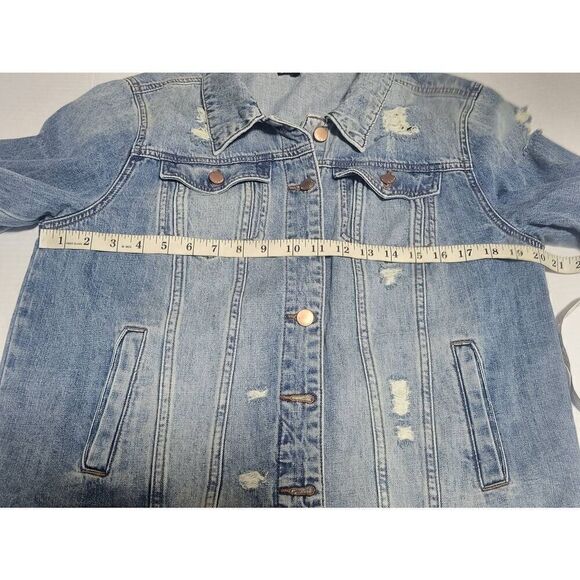 See Thru Soul Distressed Blue Jean Denim Boyfriend Jacket Women Size Medium - Picture 14 of 16